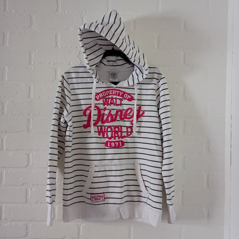 Disney Parks Hoodie Womens Sz L Striped Full Zip White Black Pink Coastal